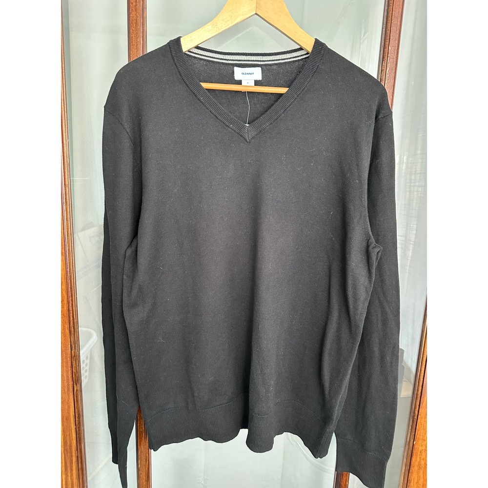 NWT Old Navy Mens Black V-Neck Cotton Knit Pullover Sweater Size L Preppy